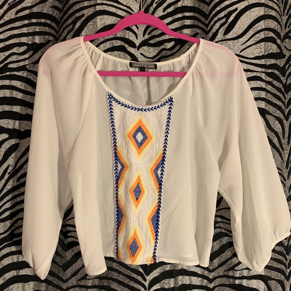 White Long Sleeve Embroidered Crop Top